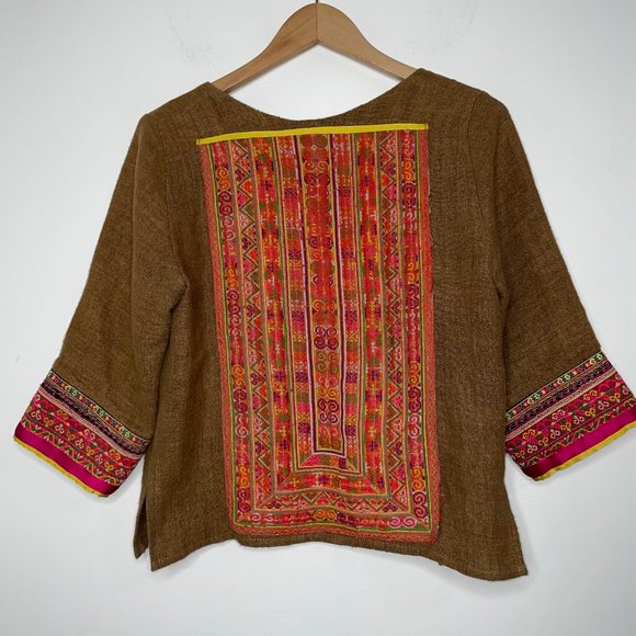 IBU Movement Embroidered Cropped Linen Brown Jacket Handmade - Picture 11 of 16